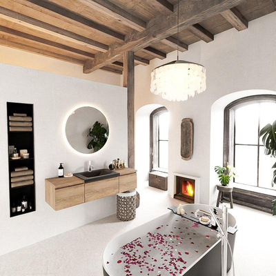 MONDIAZ BUKLA 140cm badmeubel met module 40 kleur Washed Oak met 3 lades. Wastafel CLOUD midden 1 kraangat kleur Urban.