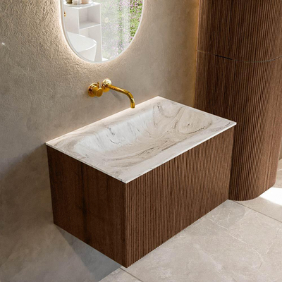 MONDIAZ KURVE-DLUX 70cm badmeubel kleur Walnut met 1 lade. Wastafel BIG SMALL midden zonder kraangat kleur Glace.