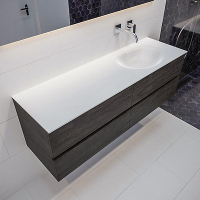 Mondiaz VICA ensemble de meuble de salle de bain - 150cm - meuble sous-vasque marron foncé - 4 tiroirs - lavabo Moon droite - sans trous de robinet - version XL 60cm de haut