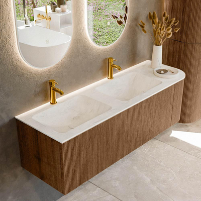 MONDIAZ KURVE-DLUX 145cm Meuble salle de bain avec module 25 D - couleur Walnut - 1 tiroir - 1 porte - vasque LEAF double / gauche - 2 trous de robinet - couleur Opalo