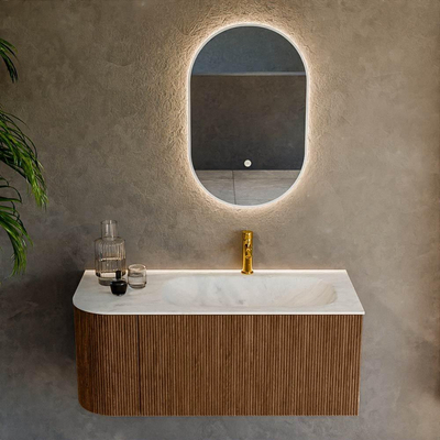 MONDIAZ KURVE-DLUX 105cm Meuble salle de bain avec module 25 G - couleur Walnut - 1 tiroir - 1 porte - vasque BIG SMALL droite - 1 trou de robinet - couleur Opalo