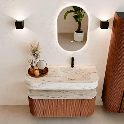 MONDIAZ THOR-DLUX Meuble de salle de bains 110cm arrondi gauche + droite couleur Ruby avec 1 tiroir et 2 portes. Vasque suspendue CLOUD Droite 1 trou de robinet couleur Nata.