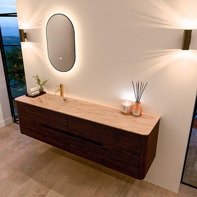 Mondiaz CIRO-DLUX Meuble de salle de bains - 180x45x50cm - Plan vasque en solid surface Arena - 1 lavabo à gauche - 1 trou de robinetterie - 4 tiroirs - Noyer