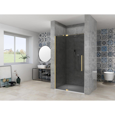 Van Rijn Products ST08 Porte pivotante d'angle - 90x200cm - verre fumé gris - épaisseur 8mm - 2 parties - profil mural - barre de stabilisation - Laiton