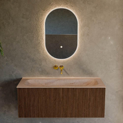 MONDIAZ KURVE-DLUX Meuble de salle de bains 110cm couleur Walnut avec 1 tiroir et 0 porte. Lavabo BIG MEDIUM Central sans trou de robinet Saba.