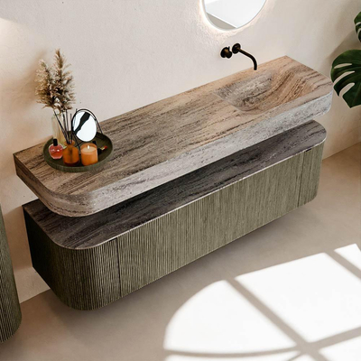 MONDIAZ THOR-DLUX 170cm meuble de salle de bains arrondi gauche + droite couleur Shadow avec 1 tiroir et 2 portes. Vasque suspendue CLOUD Droite sans trou de robinet couleur Oza.