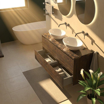 Saniclass Holz Pure Ensemble meuble de salle de bains - 140x45x63cm - Plan en pierre naturelle Noche dark emperador - sans trou de robinet - 4 tiroirs - chêne charcoal mat (bois)