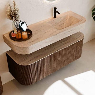 MONDIAZ THOR-DLUX 130cm badmeubel ronding links + rechts kleur Walnut met 1 lade en 2 deuren. Vrijhangende wastafel CLOUD Rechts 1 kraangat kleur Saba.