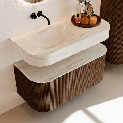 MONDIAZ THOR-DLUX Meuble de salle de bains - 100cm - arrondi gauche + droite - couleur Walnut - 1 tiroir et 2 portes - Vasque suspendue CLOUD Gauche sans trou de robinet - couleur Meli