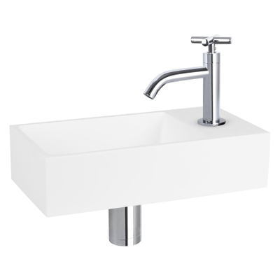 Differnz Solid fonteinset – 36x18.5x9 cm – solid surface wit – gebogen chromen kraan met kruisgreep