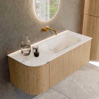 MONDIAZ KURVE-DLUX 115cm meuble de salle de bains avec module 25 L couleur Oak avec 1 tiroir et 1 porte. Lavabo BIG SMALL à droite sans trou de robinet couleur Frappe.