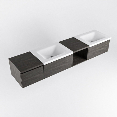MONDIAZ BUKLA 200cm ensemble de meuble avec module ouvert 40 à droite couleur Marron Foncé avec 3 tiroirs. Lavabo CLOUD double 0 trous de robinet couleur Talc.