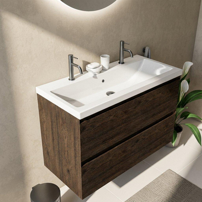 Saniclass Holz Pure Ensemble de meubles de salle de bains - 100x45x63.5cm - lavabo en céramique Bari blanc - 1 vasque - 2 trous de robinet - 2 tiroirs - chêne charcoal mat (bois)