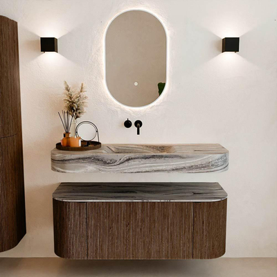 MONDIAZ THOR-DLUX 120cm badmeubel ronding links + rechts kleur Walnut met 1 lade en 2 deuren. Vrijhangende wastafel CLOUD Midden zonder kraangat kleur Sombra.