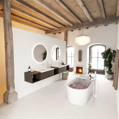 MONDIAZ BUKLA 280cm ensemble de meuble avec module ouvert 40 L+M+R couleur Marron Foncé avec 2 tiroirs. Lavabo CLOUD double 0 trous de robinet couleur Talc.