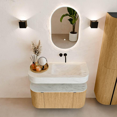 MONDIAZ THOR-DLUX 100cm badmeubel ronding links + rechts kleur Oak met 1 lade en 2 deuren. Vrijhangende wastafel CLOUD Rechts zonder kraangat kleur Opalo.