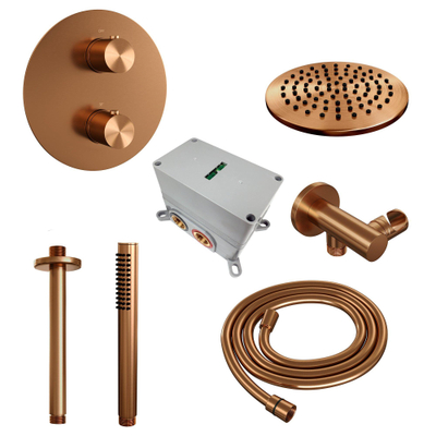 BRAUER Copper Edition douche thermostatique encastrée - 3 voies - rond - ensemble 77 - douche principale de 20 cm - bras plafond - douchette à main - flexible de douche - coude mural - cuivre brossé PVD