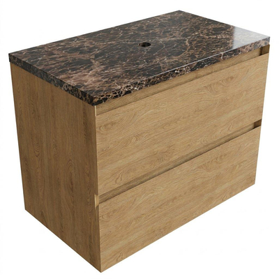 Saniclass Holz Pure Ensemble de meubles de salle de bains - 80x45x63cm - Plan de toilette en pierre naturelle Noche dark emperador - sans trou de robinet - 2 tiroirs - chêne natural mat (bois)