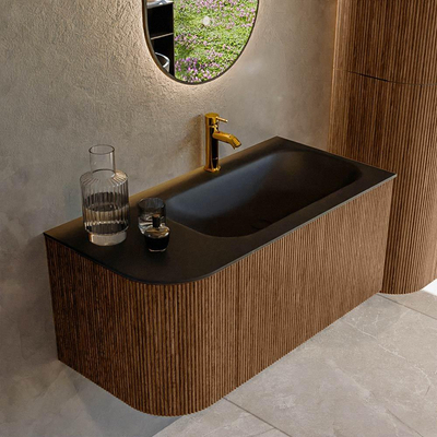 MONDIAZ KURVE 95cm Meuble salle de bain avec module 25 G - couleur Walnut - 1 tiroir - 1 porte - vasque BIG SMALL droite - 1 trou de robinet - Urban