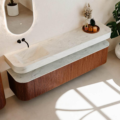 MONDIAZ THOR-DLUX 200cm meuble de salle de bains arrondi gauche + droite couleur Ruby avec 2 tiroirs et 2 portes. Vasque suspendue CLOUD Gauche sans trou de robinet couleur Opalo.