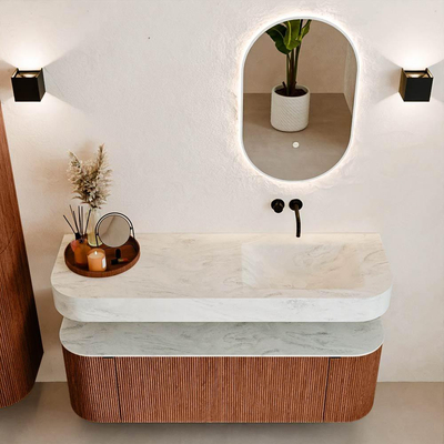 MONDIAZ THOR-DLUX Meuble de salle de bains 140cm arrondi gauche + droite couleur Ruby avec 1 tiroir et 2 portes. Vasque suspendue CLOUD Droite sans trou de robinet couleur Opalo.