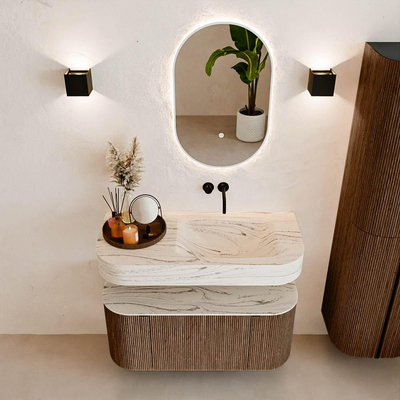 MONDIAZ THOR-DLUX 100cm meuble de salle de bains arrondi gauche + droite couleur Walnut avec 1 tiroir et 2 portes. Vasque suspendue CLOUD Droite sans trou de robinet couleur Nata.