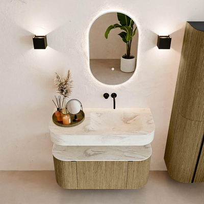 MONDIAZ THOR-DLUX Meuble de salle de bains 100cm arrondi gauche + droite couleur Dusk avec 1 tiroir et 2 portes. Vasque suspendue CLOUD droite sans trou de robinet couleur Ostra.