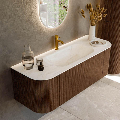 MONDIAZ KURVE-DLUX 130cm badmeubel met module 25 Len R kleur Walnut met 1 lade en 2 deuren. Wastafel BIG SMALL midden 1 kraangat kleur Ostra.