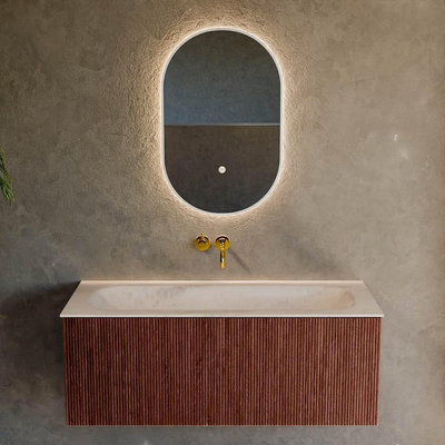 MONDIAZ KURVE-DLUX Meuble de salle de bains 110 cm couleur Ruby avec 1 tiroir et 0 porte. Lavabo BIG MEDIUM Central sans trou de robinet Meli.