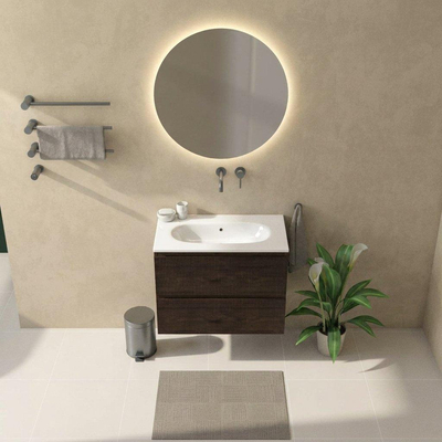 Saniclass Holz Atelier Ensemble de meubles de salle de bains - 80x45x73.9cm - Chaci lavabo en céramique blanc - 1 vasque - sans trou de robinet - 2 tiroirs - chêne charcoal mat (bois)