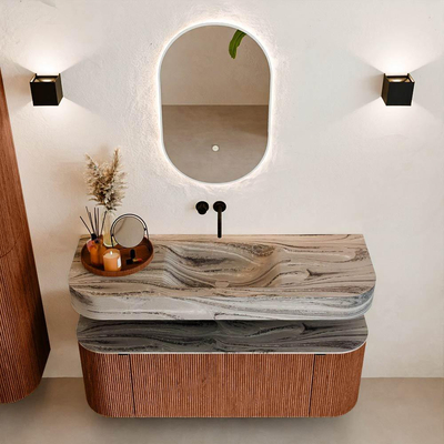 MONDIAZ THOR-DLUX Meuble de salle de bains 130cm arrondi gauche + droite couleur Ruby avec 1 tiroir et 2 portes. Vasque suspendue CLOUD Centre sans trou de robinet couleur Sombra.