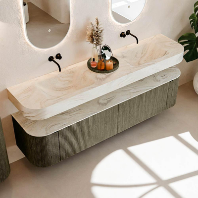 MONDIAZ THOR-DLUX 190cm meuble de salle de bains arrondi gauche + droite couleur Shadow avec 2 tiroirs et 2 portes. Vasque suspendue CLOUD Double sans trou de robinet couleur Ostra.