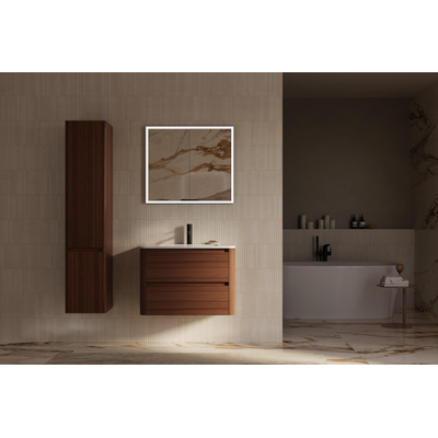 Thebalux Sunny Ensemble meuble de salle de bains - 82x46x57cm - lavabo - céramique - 1 trou de robinet - blanc brillant - meuble sous-vasque - 2 tiroirs - sans poignées - placage bois - Roquebrun (brun)