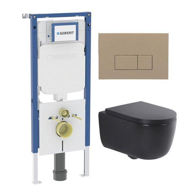 QeramiQ Dely Swirl Pack WC - 36,3x51,7cm - réservoir encastré Geberit UP720 Duofix Sigma - assise 35mm - plaque de déclenchement taupe - boutons rectangulaires - noir mat