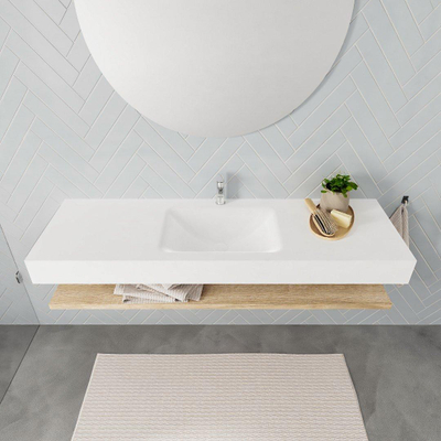 MONDIAZ ALAN 150cm - Ensemble meuble de salle de bains - tablette - chêne blanchi - lavabo suspendu - lavabo centré - 1 trou de robinet - talc