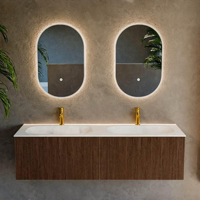 MONDIAZ KURVE-DLUX 150cm Meuble salle de bain - couleur Walnut - 2 tiroirs - vasque STOR SMALL double - 2 trous de robinet - couleur Opalo