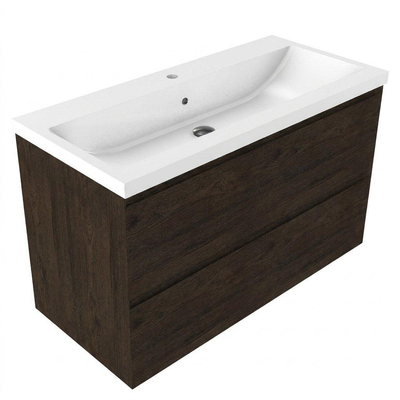 Saniclass Holz Pure Ensemble meuble de salle de bains - 100x45x63.5cm - Bari lavabo en céramique blanc - 1 vasque - 1 trou de robinetterie - 2 tiroirs - chêne charcoal mat (bois)