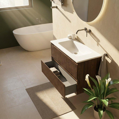 Saniclass Holz Atelier Ensemble meuble de salle de bains - 100x45x77.5cm - lavabo Torino en Solid Surface blanc - sans trou de robinet - 2 tiroirs - chêne charcoal mat (bois)