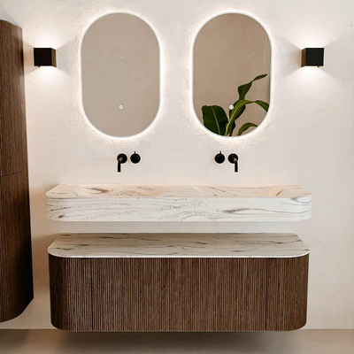 MONDIAZ THOR-DLUX 140cm badmeubel ronding links + rechts kleur Walnut met 1 lade en 2 deuren. Vrijhangende wastafel CLOUD Dubbel zonder kraangat kleur Nata.