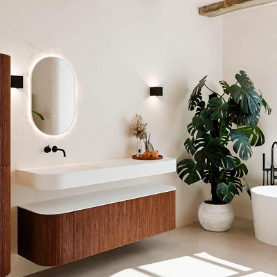 MONDIAZ THOR Meuble de salle de bains 160cm arrondi gauche + droite couleur Ruby avec 1 tiroir et 2 portes. Vasque suspendue CLOUD Gauche sans trou de robinet couleur Talc.