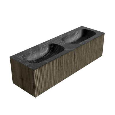 Mondiaz KURVE-DLUX Badkamermeubelset - 150x46x40cm - 2 lade - wastafel solid surface - dubbel - 2 kraangaten - Shadow