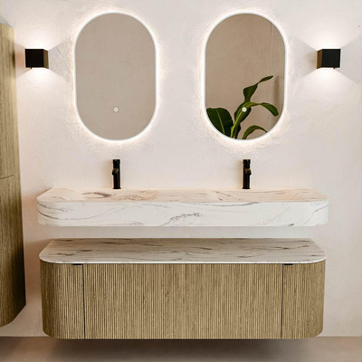 MONDIAZ THOR-DLUX 150cm meuble de salle de bains arrondi gauche + droite couleur Dusk avec 1 tiroir et 2 portes. Vasque suspendue CLOUD Double 2 trous de robinet couleur Nata.