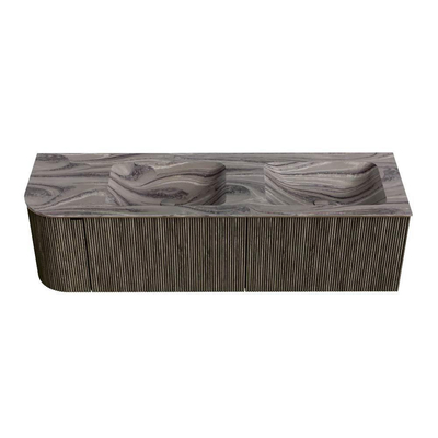 MONDIAZ KURVE-DLUX Meuble de salle de bains 155cm arrondi à gauche couleur Shadow avec 2 tiroirs et 1 porte. Lavabo LEAF Double / Droite sans trou de robinet Sombra.