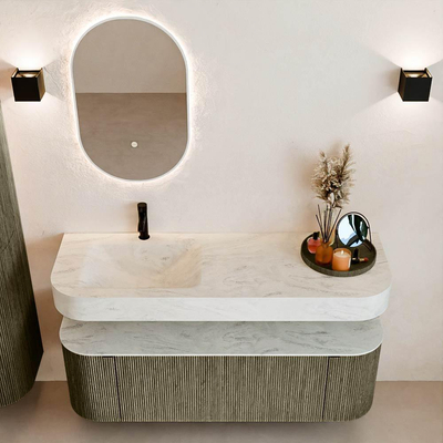 MONDIAZ THOR-DLUX 140cm meuble de salle de bains arrondi gauche + droite couleur Shadow avec 1 tiroir et 2 portes. Vasque suspendue CLOUD Gauche 1 trou de robinet couleur Opalo.