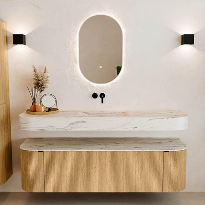 MONDIAZ THOR-DLUX 160cm meuble de salle de bains arrondi gauche + droite couleur Oak avec 1 tiroir et 2 portes. Vasque suspendue CLOUD Milieu sans trou de robinet couleur Nata.