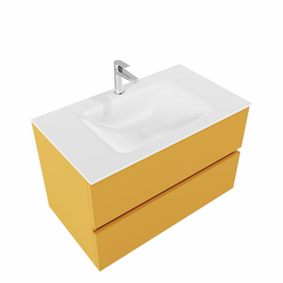 MONDIAZ VICA Ensemble de meuble salle de bain - 80cm - 2 tiroirs - lavabo Cloud central - 1 trou de robinet - solid surface ocre