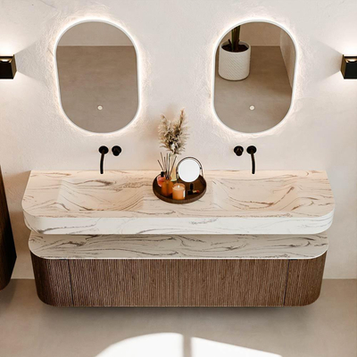 MONDIAZ THOR-DLUX 180cm badmeubel ronding links + rechts kleur Walnut met 2 lades en 2 deuren. Vrijhangende wastafel CLOUD Dubbel zonder kraangat kleur Nata.