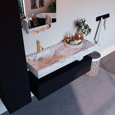 Mondiaz ALAN-DLUX Ensemble de meuble - 120cm - meuble Urban mat - 1 tiroir - Lavabo Cloud Glace suspendu - vasque Gauche - 1 trou de robinet