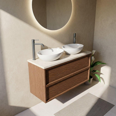 Saniclass Holz Frame Ensemble meuble de salle de bains - 120x45x63cm - Plan de travail en pierre naturelle travertin - 2 trous de robinet - 2 tiroirs - mat walnut pure (bois)