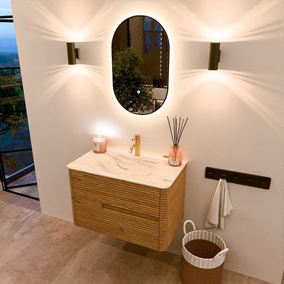 Mondiaz CIRO-DLUX Badkamermeubelset - 80x45x50cm - Solid surface wastafel Nata - 1 wasbak Midden - 1 kraangat - 2 lades - Oak